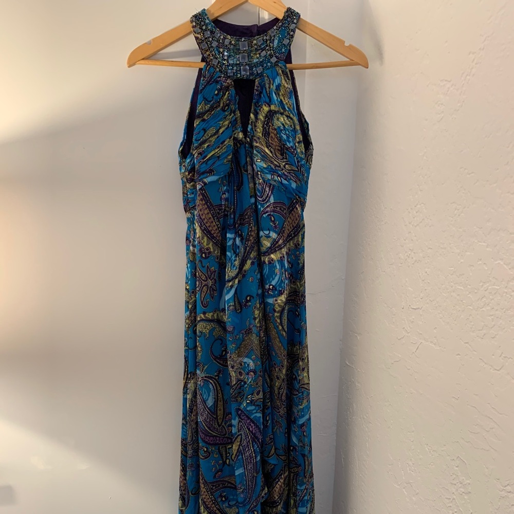 Long patterned and beaded blue dress